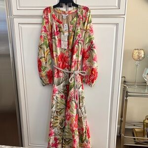 NWT Tommy Bahama Tropical Floral Tie-Waist Maxi Dress in Pink, Green, Cream